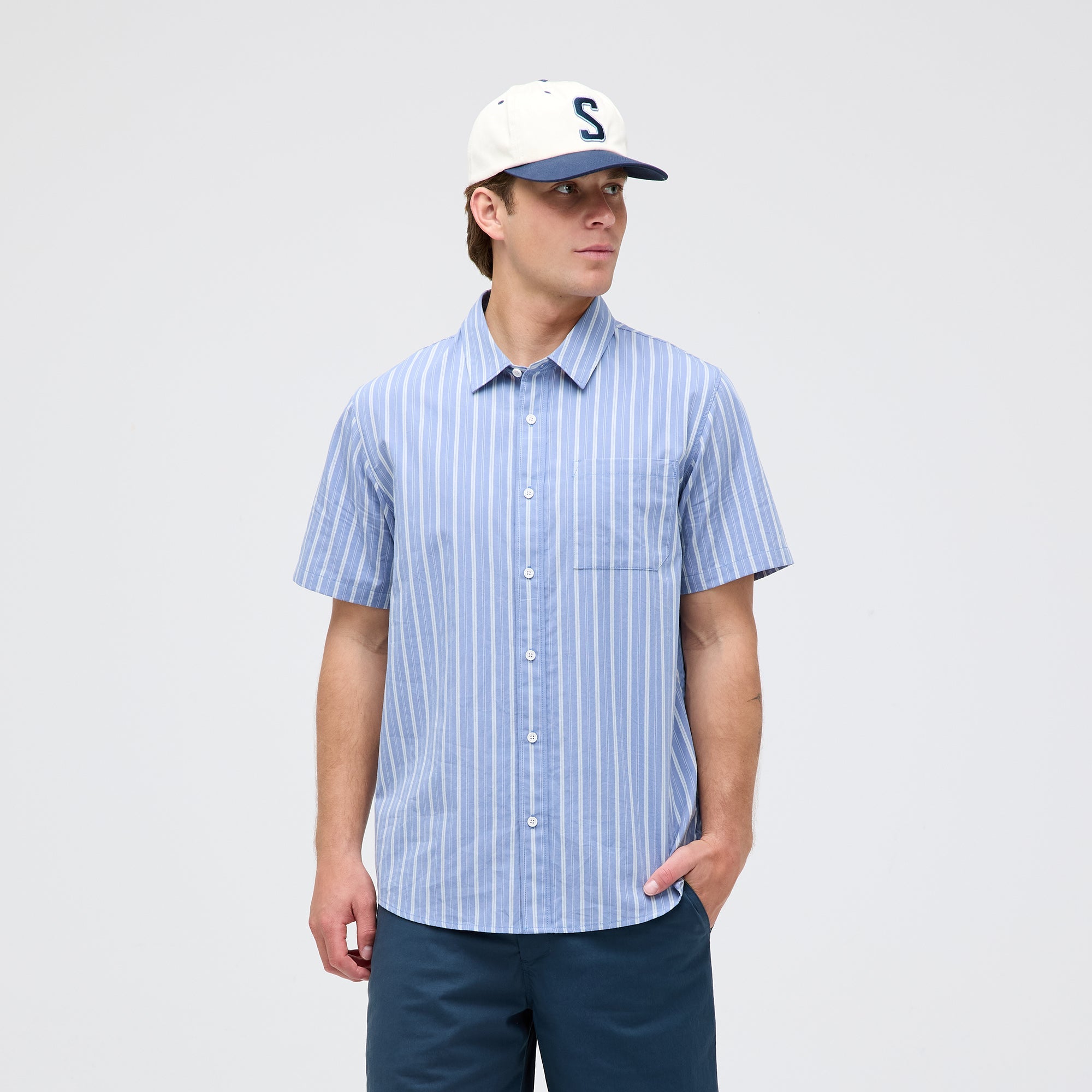 Stance Bales Button Up T-Shirt Stone Blue |model